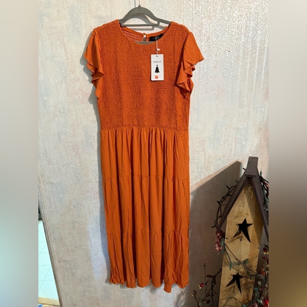 Elegant Orange Maxi Dress, Cap Sleeves, Smocking,‎ Key Hole Closure, Sz XXL